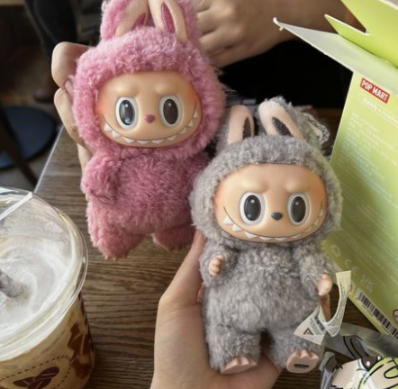 2 best friends showing their cute labubu by pop mart which are furry and small brought to you by everlume