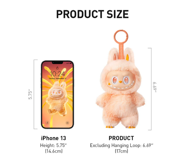 size of a labubu is similar to the size of an iphone thirteen that roughly is around 14.6 cms