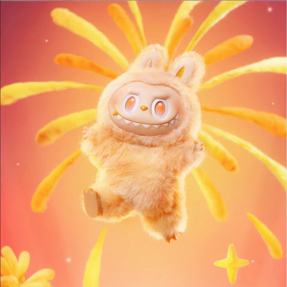 an orange furry labubu jumps into air, he is named happy  and is full of energy who lives at everlume and is waiting to be manifested. 